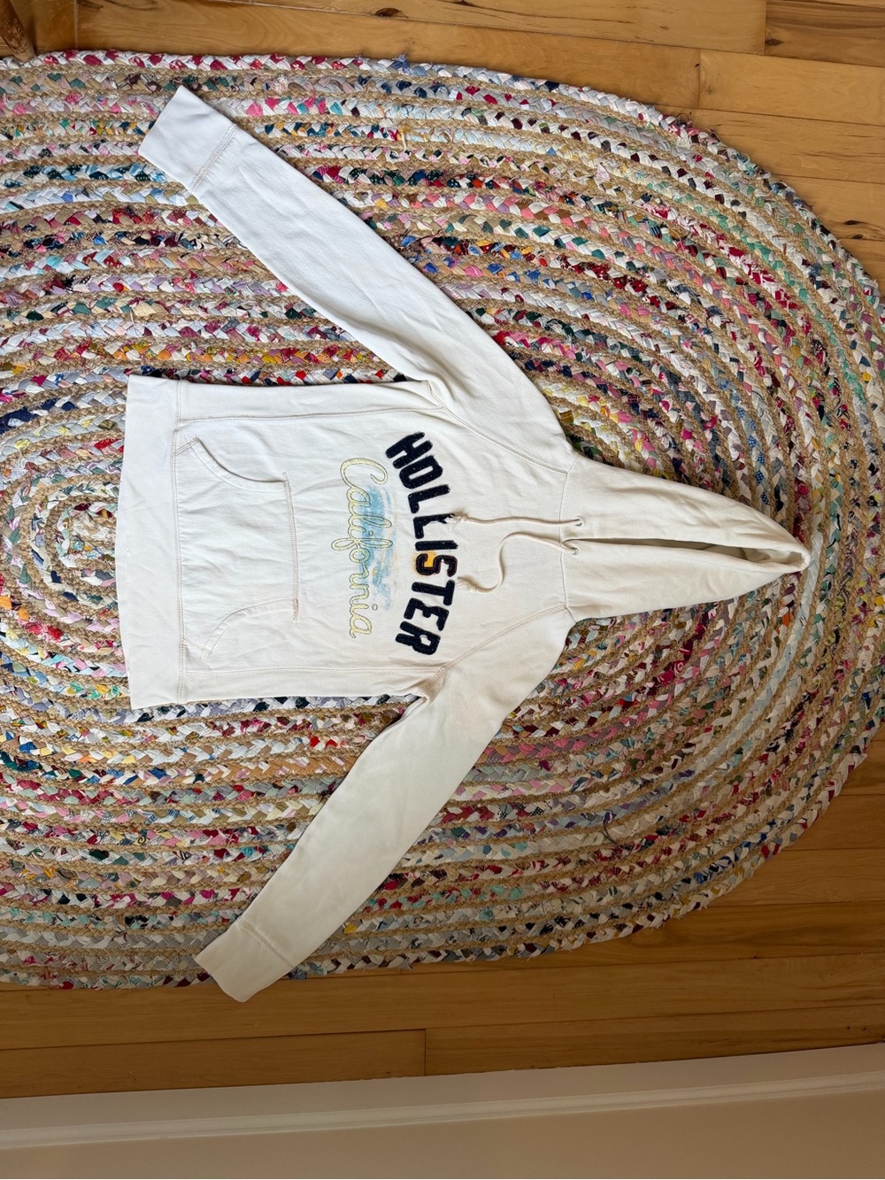 Y2K Hollister Cream/white Hooded Sweatshirt with Navy & Yellow Logo